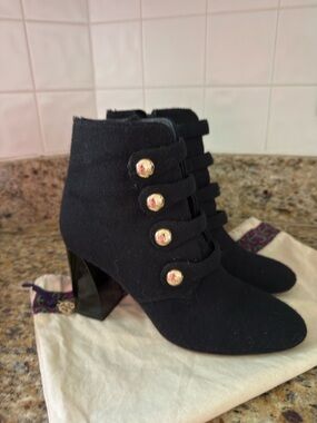 Tory Burch Black tweed Button-Strap Ankle Boots with Gold Buttons